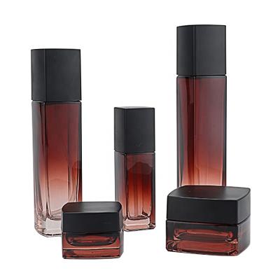 China Personal Care Cosmetic Glass Bottle Set Skin Care Packaging Container Manufacturer Chaine Style Square Same Design Packaging Glass Bottle for sale