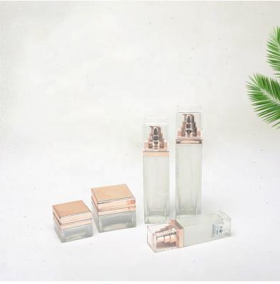 China Personal Care Luxury Cosmetic Square Glass Bottle Set--Skincare Container Manufacturer--Electroplating Aluminum with Pump&spray-New Style for sale