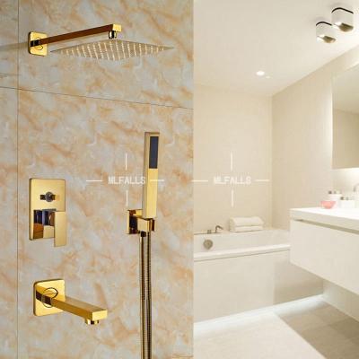 China Traditional European Luxury Ti-PVD Wall Mount Ti-PVD Wall Outlet 3 Way Shower Faucet Style Golden Rainfall Shower Set for sale