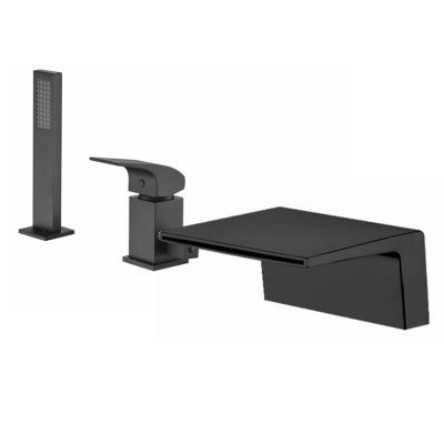 China New Design Contemporary Black Waterfall Tub Faucet Deck Mounted 3 Holes Pour In Faucet Bathroom Mixer Tap for sale