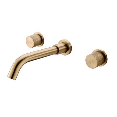 China Contemporary Brushed Gold Wall Mounted Double Handle Basin Faucet Bathroom Sink Faucet for sale