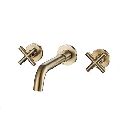 China CLASSIC Modern Brushed Gold Bathroom Sink Faucet 3 Holes Basin Wall Mounted Mixer Taps for sale