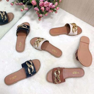 China 2021 Double Foam Ring Chain Decorative Button 2021 Style Slippers Sandals Red Women's Smart Flat Shoes Summer Burst for sale