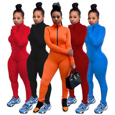 China 2020 New Anti-Wrinkle Fashion Deep V Casual Zipper Long Sleeve Bodycon Stacked Women One Piece Overalls for sale