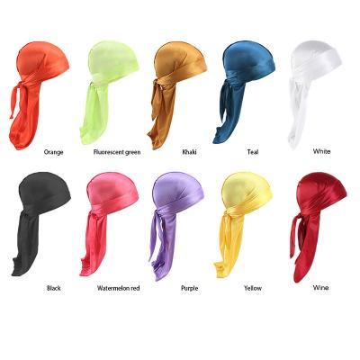 China 95%Polyester+5% Silky Satin Durags Men Women Durags Simple Muslim Silk Headwrap Custom Wholesale Long Tail Silk For Men Hood Set for sale