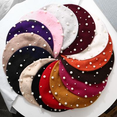 China Women Warm Oversized Winter Luxury Character Pearl Vintage Cashmere Wool Hat Beret Military Hat for sale