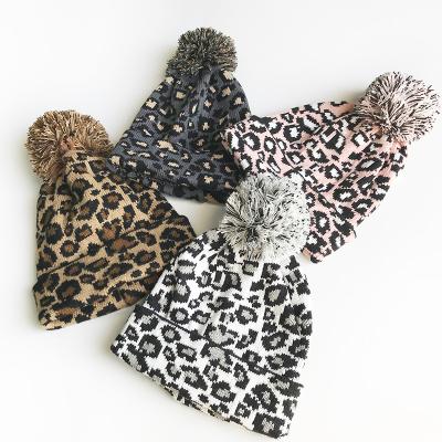 China 2021 COMMON Fashion Leopard Pattern Pom Pom Womens Knit Beanie Hat Casual Warm For Cold Winter for sale