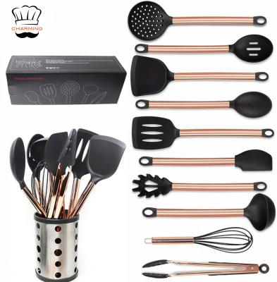 China Amazon 11pcs Stainless Steel Cooper Sustainable Rose Gold Handle Cooking Silicone Kitchen Utensils Set Tools With Deluxe Metal Rack for sale