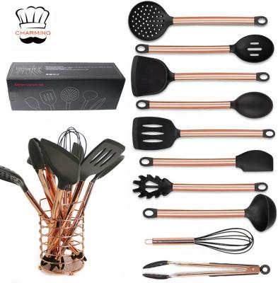 China Amazon 11pcs Stainless Steel Cooper Sustainable Rose Gold Handle Cooking Silicone Kitchen Utensils Set Tools With Deluxe Metal Rack for sale