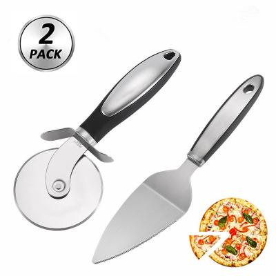 China New Viable Workable Set Amazon Stainless Steel Pizza Cutter Turner Wheel Slicer Wheel Server Kit Handle With Non Slip Plastic 2 Pack Tool for sale