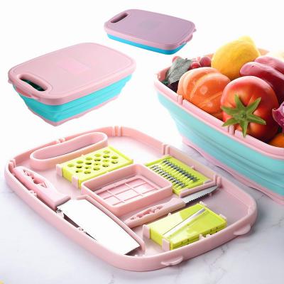 China Viable Viable Kitchen Accessories Gift Set Rectangular Collapsible Colander Slot Planer Multifunctional Silicone Cutting Board for sale