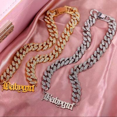 China Casual/Sporty Hiphop Diamond Ice Out 18k Gold Plated Name Letter Babygirl Cuban Chain Initial Necklace for sale