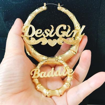 China TRENDY Large Gold Plated Bamboo Custom Name Earrings With Logo for sale