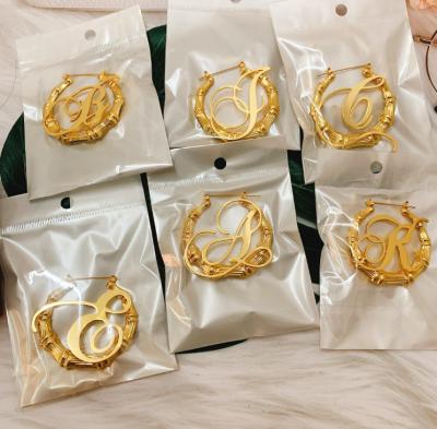 China TRENDY Fashion Customized 14k Gold Plated 26 Letter A-Z Big Circle Bamboo Earring for sale