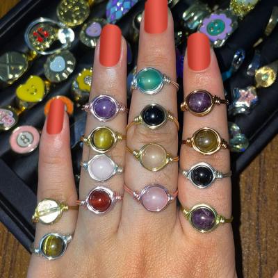 China CLASSIC Colorful Handmade Round Tiger Eye Moonstone Gemstone Bead Wire Wrapped Crystals Healing Stones Rings for sale