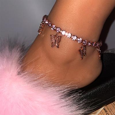 China Bohemian Crystal Butterfly Charm Rose Diamond Fashion Statement Style Cuban Anklet Chain Jewelry for sale