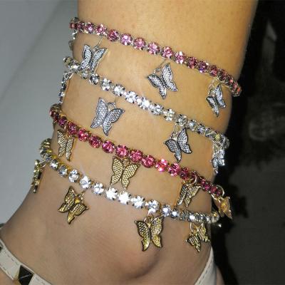 China Hot Selling Bohemian Style Iced Out Bling Chain Jewelry Tennis Butterfly Anklet Chain Women for sale