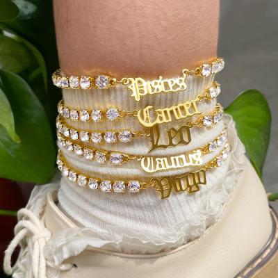 China FASHIONABLE high quality 18k gold plated diamond tennis chain 12 zodiac sign anklets for women for sale