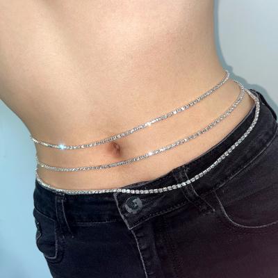 China Casual Sexy Shiny Rhinestone 3 Layered Waist Chain Tennis Belly Chain Chain For Women for sale