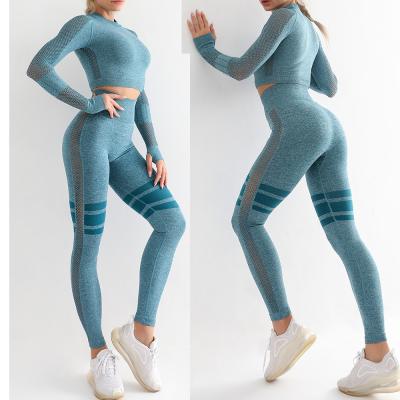 China 2021 Breathable Logo Woman Fitness Seamless High Quality Custom Yoga Set Mesh Gaiters Gym Yoga Set Waist Long Sleeve Wear Sweatpants for sale