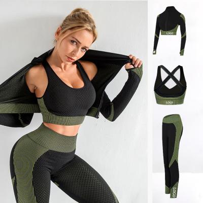 China Sport 2021 Breathable Yoga Sets Women Yoga Suit Leggings Wear Breathable Seamless Fashion Running Three-Piece Sports Bra Set Solid Wholesale for sale