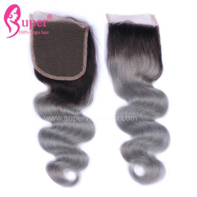 China 4*4 livram a cor escura tirada dobro processada vapor de Ombre dos fechamentos do cabelo do Virgin da parte à venda