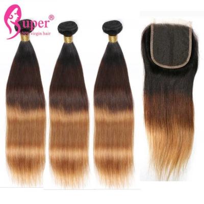 China 1b 4 27 Ombr Color Flat Weft Remy Hair Extensions Black And Brown Silk Straight for sale