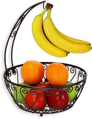 China Hot Selling Simple Metal Bronze Amazon Fruit Basket Black Bronze Bowl With Banana Tree Hanger for sale