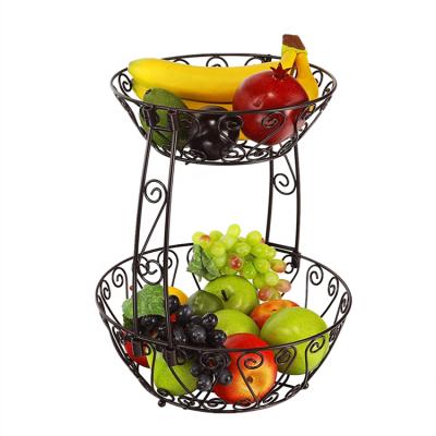 China Amazon Sustainable Hot Selling 2-Tier Metal Countertop Fruit Basket Single Bowl Storage With Banana Tree Hanger for sale