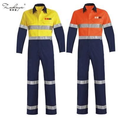 China One Piece Hi Vis Crew Workwear customed by Zoulaya Logo Cotton Workwear Construction Site Workwear Men's Reflective Reflective Coverall for sale