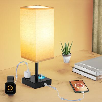 China Traditional Vintage Bed Side Lamp Fabric Shade Desk Lamp With 2 USB Fast Charging Left Hot Selling for sale