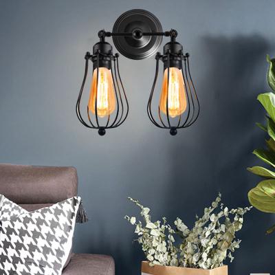 China Vintage Industrial American 2 Heads Wire Cage Wall Lamps Bedside Indoor Lighting Industrial Wall Lamp for sale