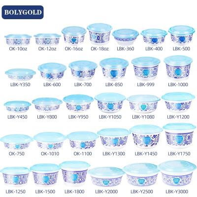 China Chinese style 300ml-1800ml plastic storage take away blue and white porcelain disposable soup bowl with lid for sale