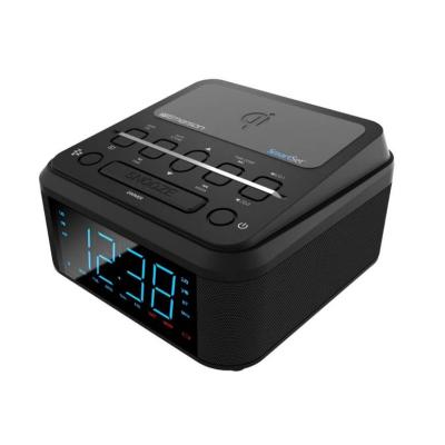 China Multifunctional Charging Standard Battery Qi Alarm Clock Radio with Blue Tooth Speaker and FM Radio for sale