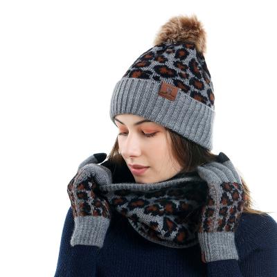 China Hot Autumn Winter Knit Beanie Women Long Pompom Scarf Hat Glove Sets Touch Screen Gloves Girl Leopard Print Girl for sale