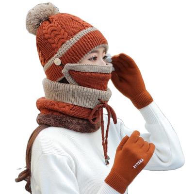 China High Quality Long Ring Scarves Hat Touch Screen Gloves Set Winter Fleece 4 Piece Set Striped Pom Pom Beanie Gloves Scarf Hats Recycling for sale