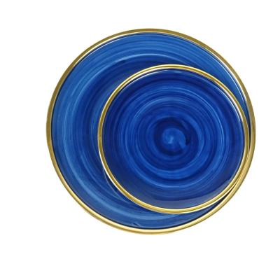 China Cheap Disposable Porcelain Gold Rim Dishes Wedding Blue Food Dishes Dinner Dish for sale