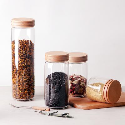 China Viable High Quality Glass Canister With Black Board Glass Jar With Lid Glass Storage Wooden Jar for sale