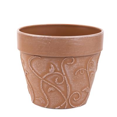 China Durable Nordic Style Imitate Plastic Resin Pottery Thickened Retro Relief Hydrangea White Palm Round Simple Green Plant Flower Pot for sale