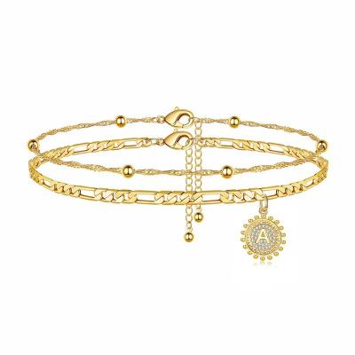 China Fashional 14K Gold Plated Trendy Alphabet Pendant Bracelets Anklets Circular Bracelet For Women for sale