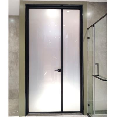 China Waterproof Black Slim Aluminum Frame Tempered Customized Gradient Glass Frosted Swing Door For Bathroom for sale