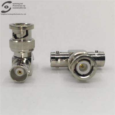 China RF 50 ohm T male type bnc to double bnc coaxial cable three links female catv connector nickel plated adapter for sale