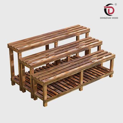 China Outdoor Type Solid Wood 3 Tiers Bench Ladder Stand Flower Pot Durable Wooden Flower Pot Shelf Stand for sale