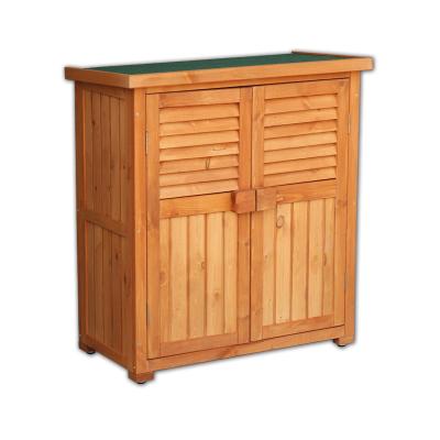 China Outdoor Solid Wood Rainproof Shelf Easily Assembled Sunscreen Ventilation Wooden Color Balcony Storage Cabinet 2 Layers With Doors for sale