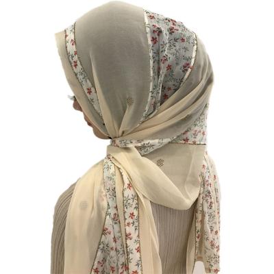 China 2020 New High Quality Chiffon Soft Chiffon Scarf Splicing Embroidery Hijab Diamond Ladies Shawl for sale