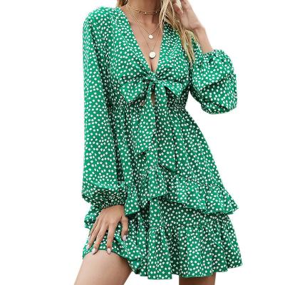 China 2021 New Summer Women's Breathable Spring And High Waist Green Polka Dot Dress V-Neckline A-line Skirt for sale