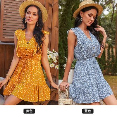 China 2021 new summer women's breathable V-neckline leisure wave point length middle dress skirt spring and wholesale for sale