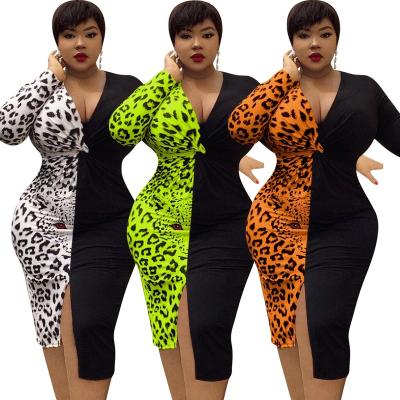 China 2021 Sexy Plus Size Bodycon Midi Dress New Arrival Evening Party Dresses Spring Fashion Leopard Slit Breathable V-Neck Long Sleeve for sale