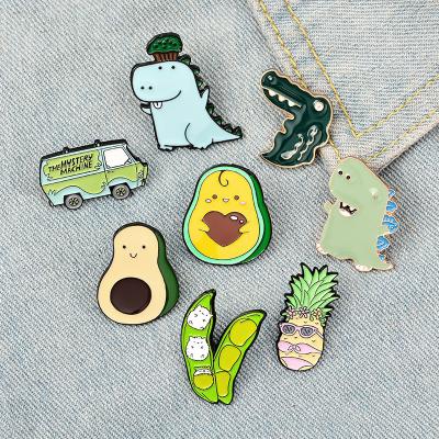 China Europe Green Spring Enamel Pins Custom Lapel Pin Fun Cartoon Avocado Pea Pineapple Pin Dinosaur Bus Brooch Backpack Badge for sale