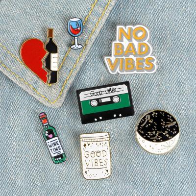 China Europe GOOD VIBE Moon Night Wine Enamel Pins Dating Music Badges Custom Brooches Pin Clothes Lapel Jewelry Gift Black Pin for sale